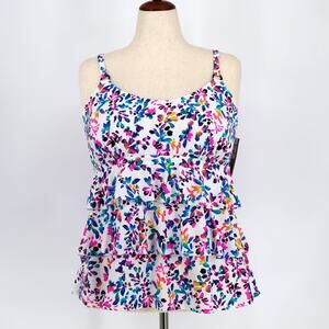 Island Escape Multi Floral Printed Tiered Ruffle Swim Tankini Top Plus Size 16W
